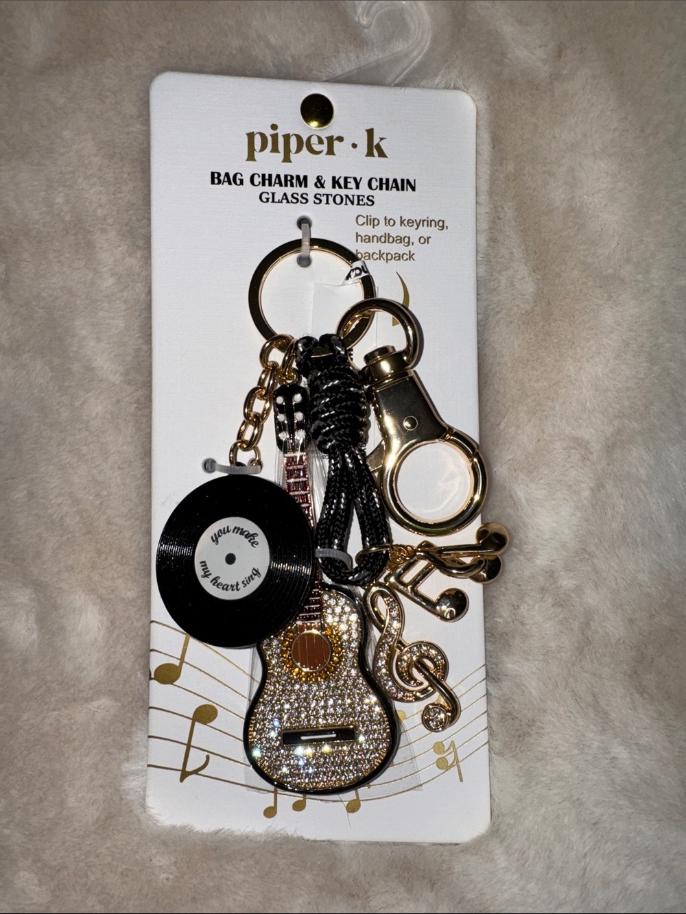 Piper Gold & Black Musical Guitar and Vinyl Bag Charm Keychain - Picture 3 of 4
